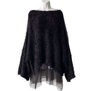 TOV Los Angeles Sweater Size 44 Black Contrast Mesh Long Sleeve Faux Fur Black